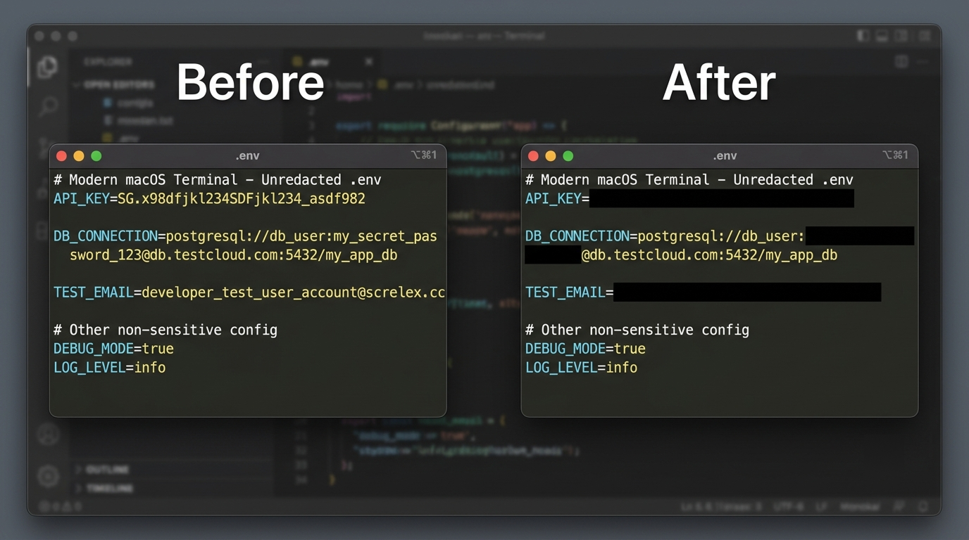 Before and after: a Mac terminal .env file with an API key, database password, and email covered by solid black redaction blocks in ScreenLeX.